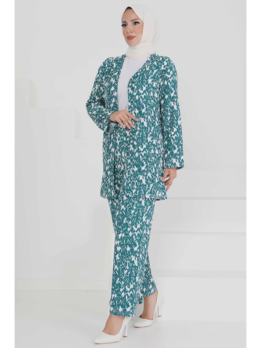 Yeşil Desenli Kimono Takım Zumrut - 27132-2