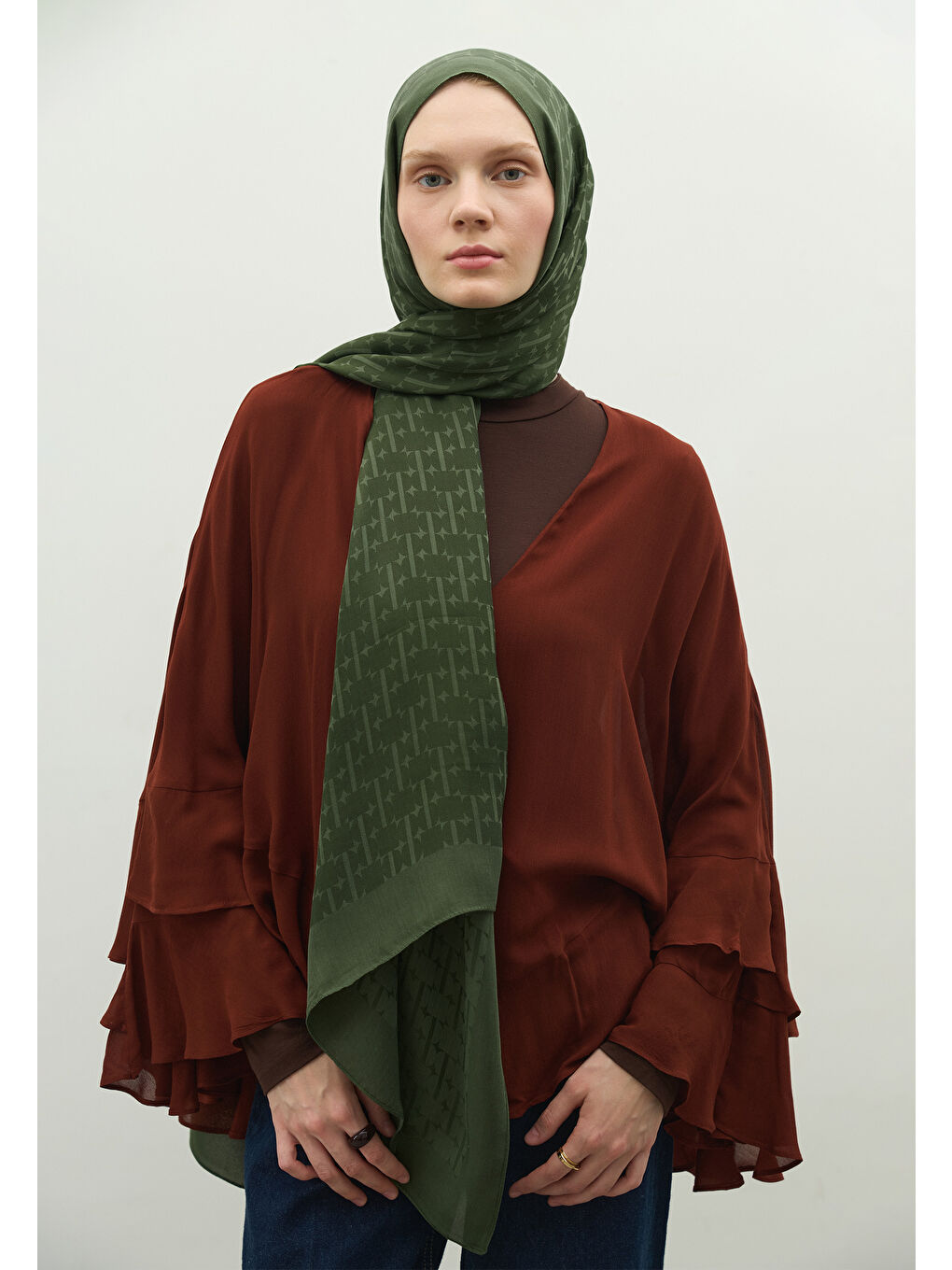 Yeşil MONOGRAM PAMUK FLOŞ JAKARLI ŞAL YAPRAK-2