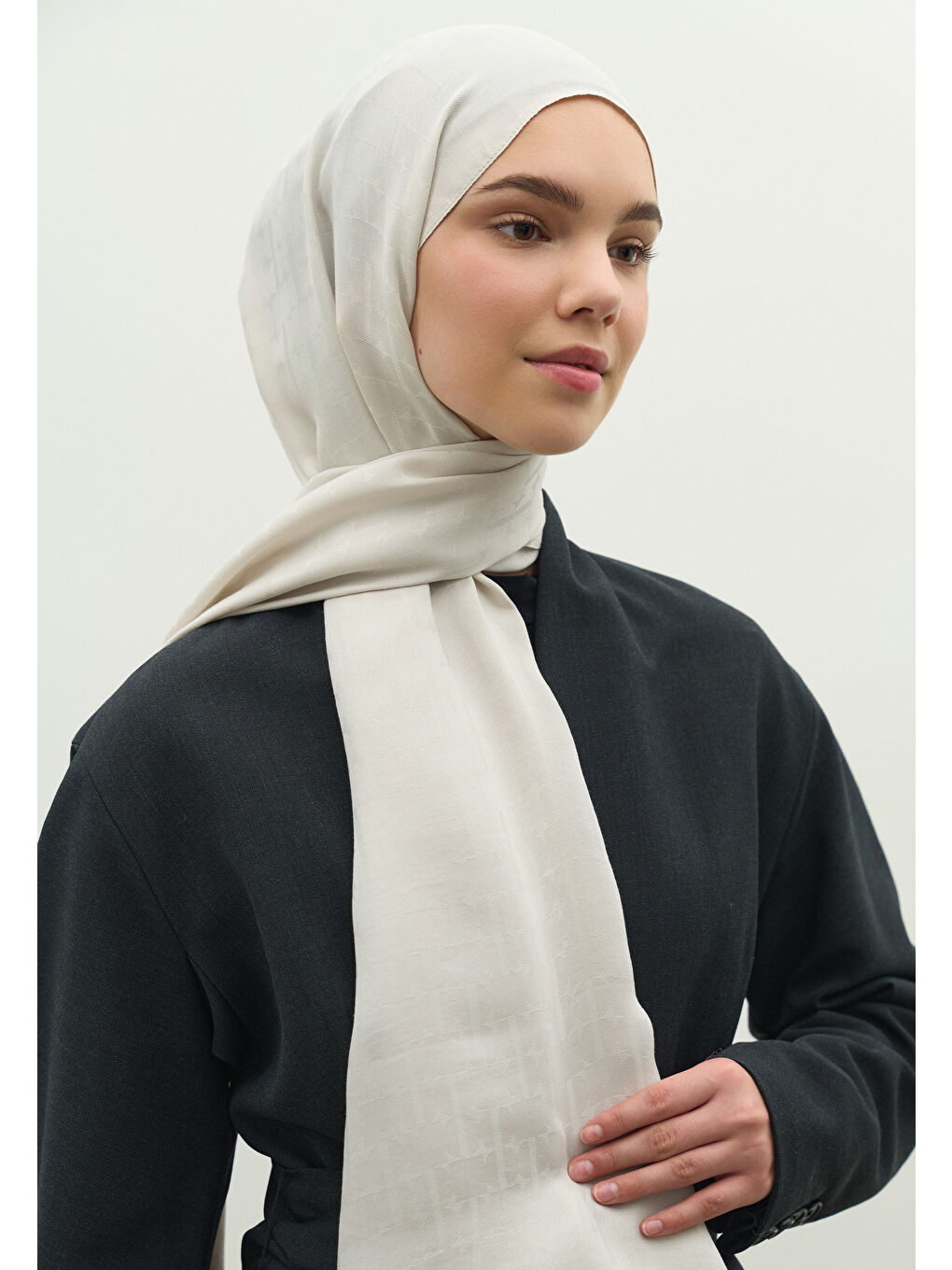 Bej MONOGRAM PAMUK FLOŞ JAKARLI ŞAL TAŞ-3