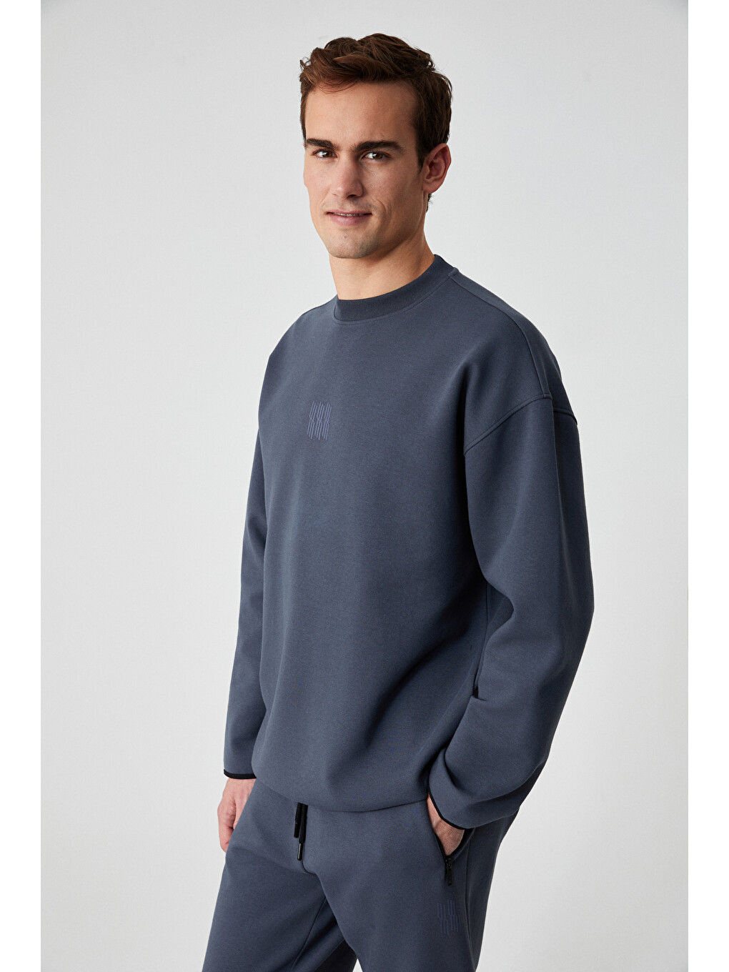 Plemon Erkek Bisiklet Yaka Uzun Kol Baskı Detaylı Oversize Gri Sweatshirt
