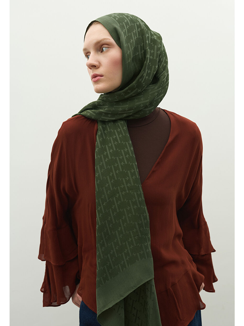 Yeşil MONOGRAM PAMUK FLOŞ JAKARLI ŞAL YAPRAK-3