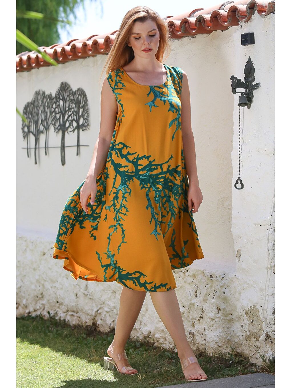 Sarı Hardal Havuz Yaka Kolsuz Desenli Casual Viskon Dokuma Elbise 100 62