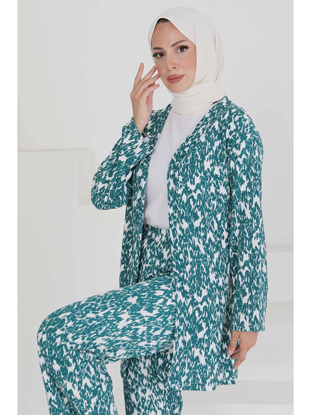 Yeşil Desenli Kimono Takım Zumrut - 27132-3