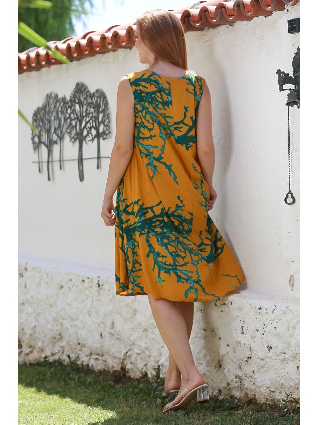 Sarı Hardal Havuz Yaka Kolsuz Desenli Casual Viskon Dokuma Elbise 100 62-1