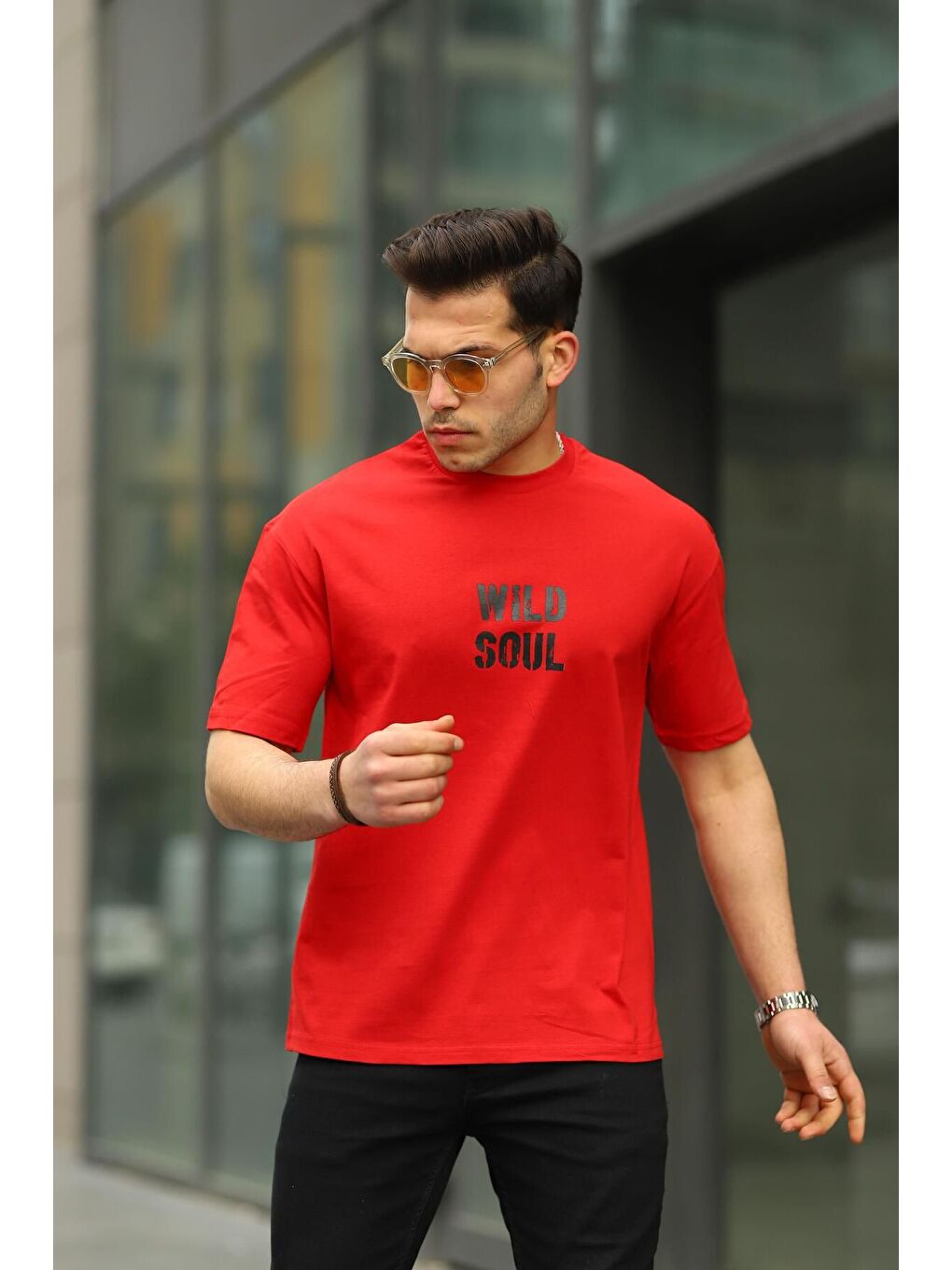 Kırmızı Erkek Wild Soul Baskılı Oversize Tshirt-3