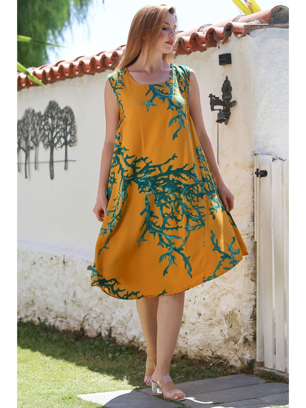 Sarı Hardal Havuz Yaka Kolsuz Desenli Casual Viskon Dokuma Elbise 100 62-4