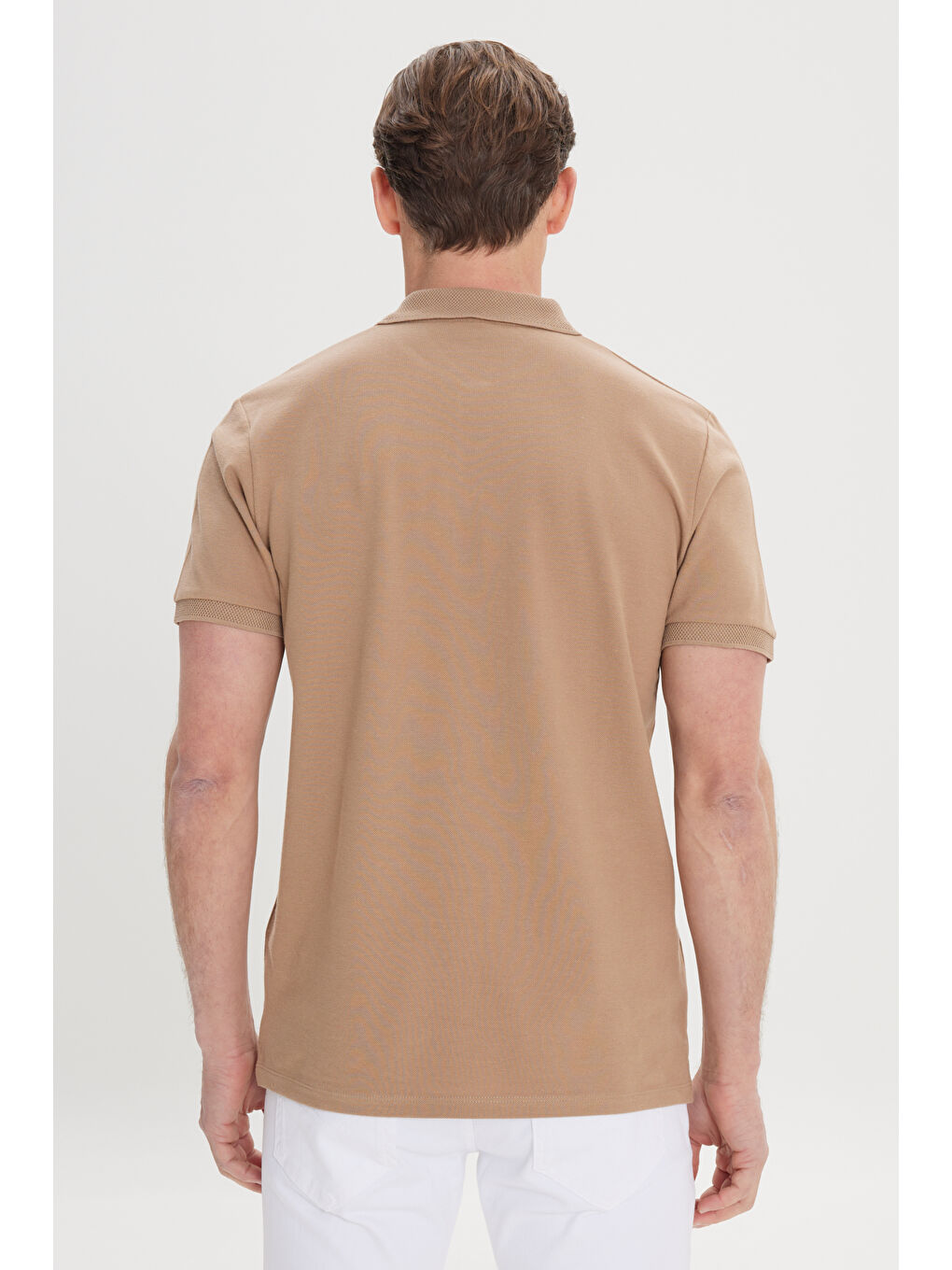 Bej Erkek Vizon Slim Fit Dar Kesim Polo Yaka %100 Pamuk Kısa Kollu Tişört-4