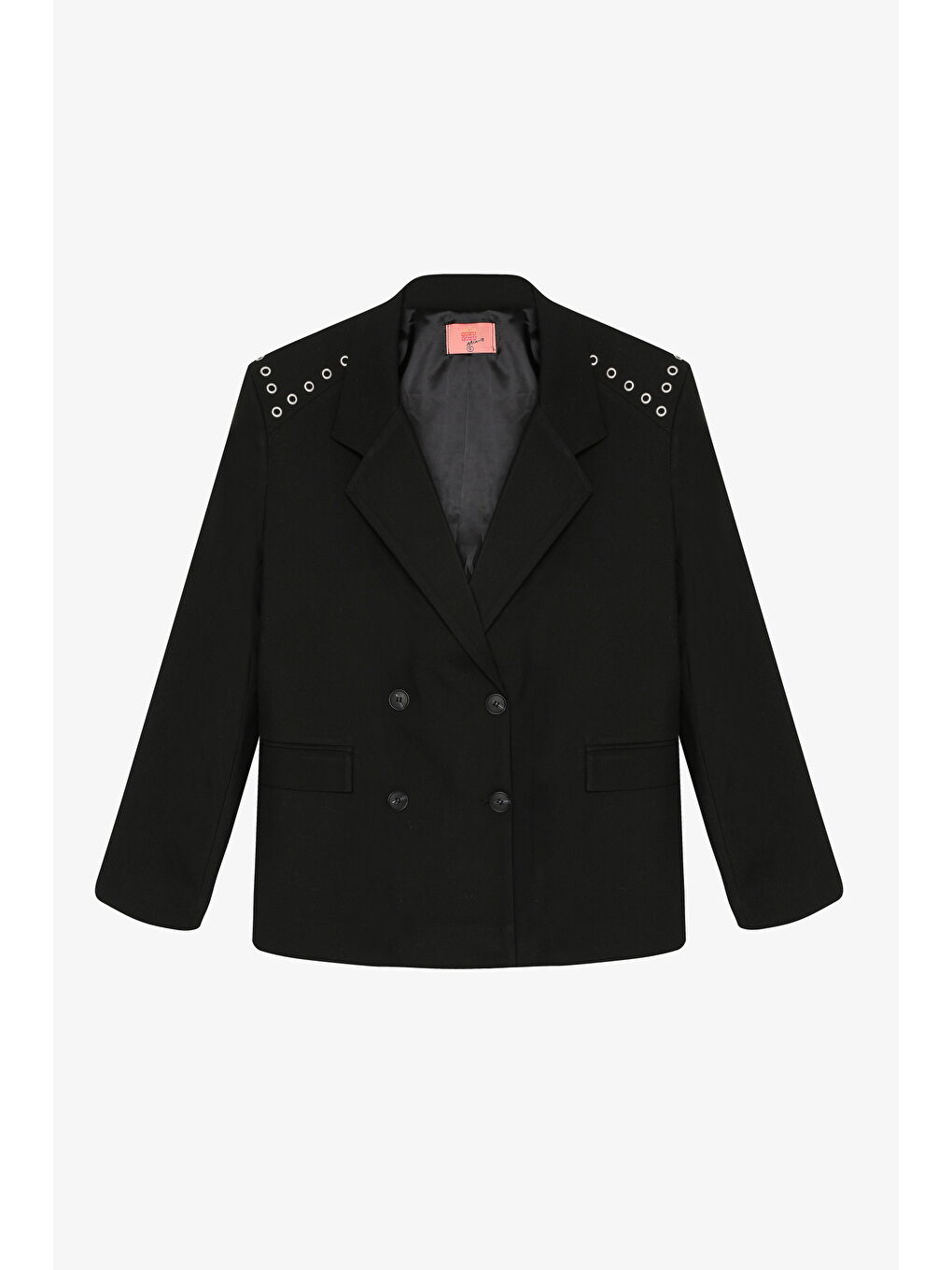 Kuş Gözü Detaylı Çift Düğmeli Oversize Blazer Ceket Siyah