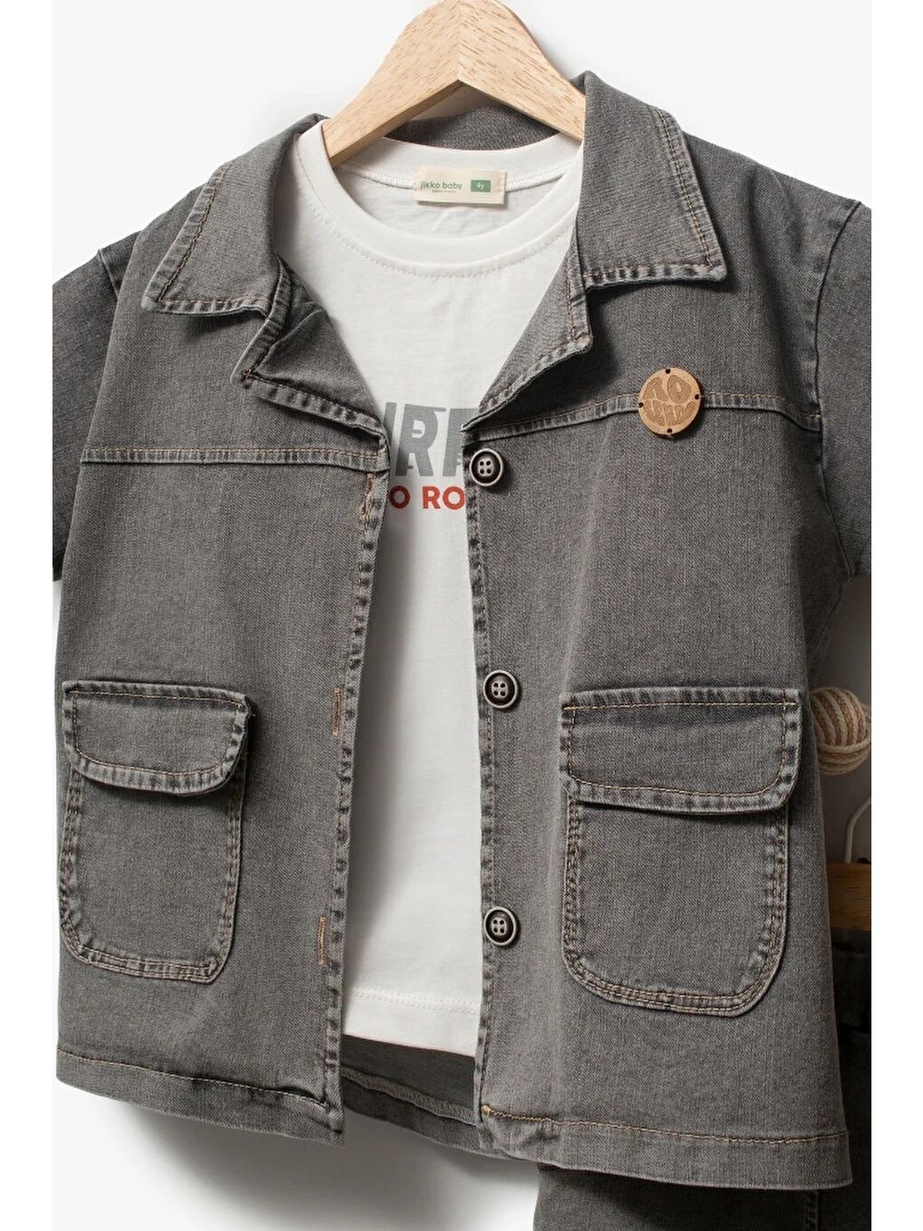 Gri Jean Gömlek Jean Şort ve T-shirt 3lü Erkek Çocuk Takım-1