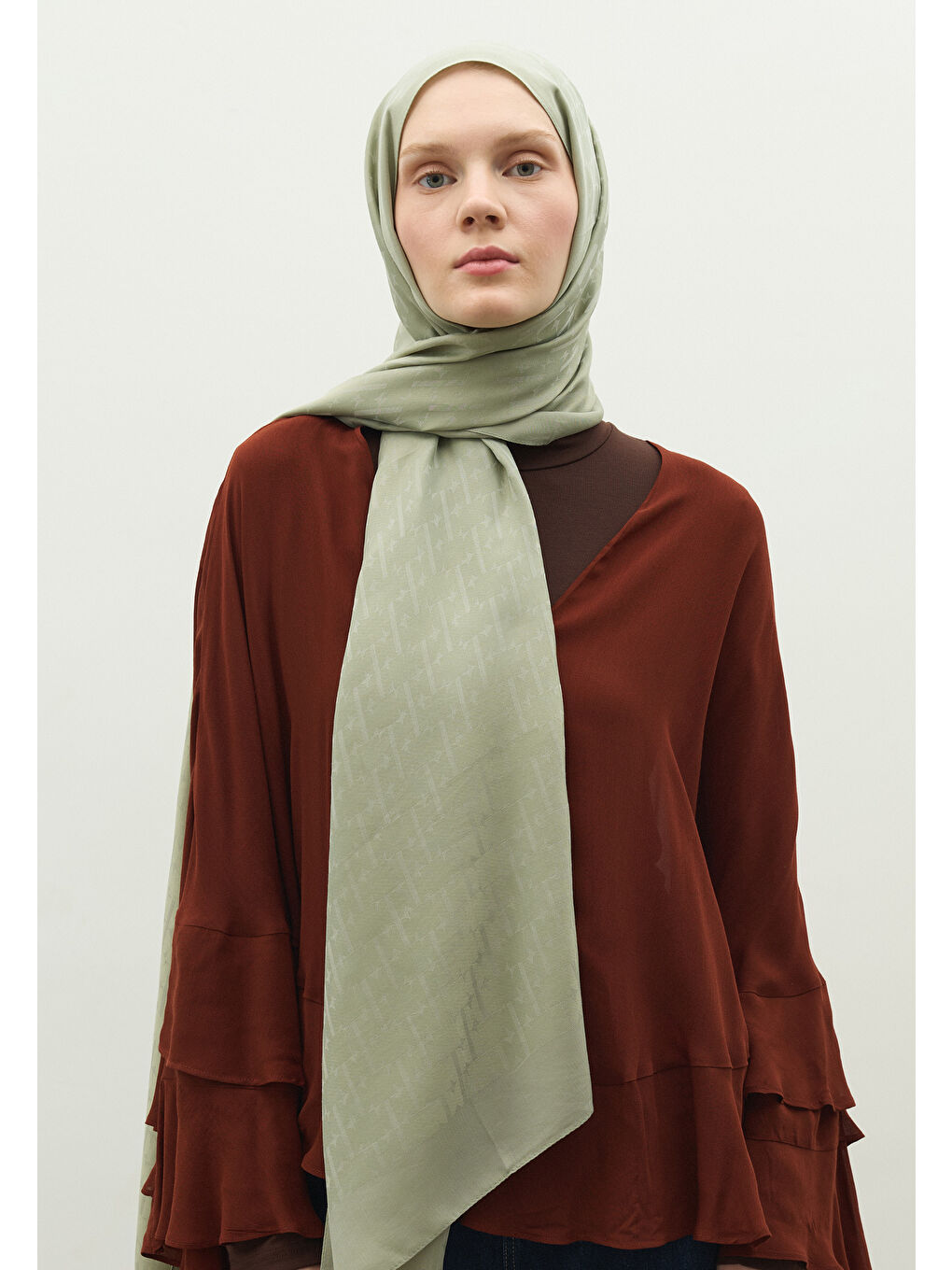 Yeşil MONOGRAM PAMUK FLOŞ JAKARLI ŞAL MİNT YEŞİLİ