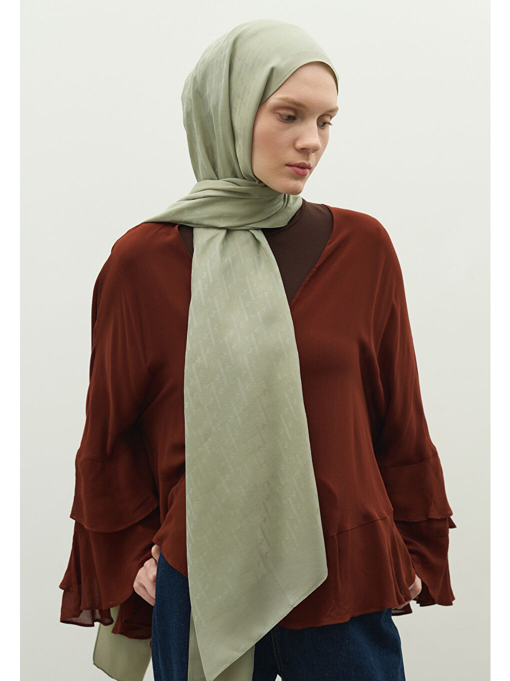 Yeşil MONOGRAM PAMUK FLOŞ JAKARLI ŞAL MİNT YEŞİLİ-1