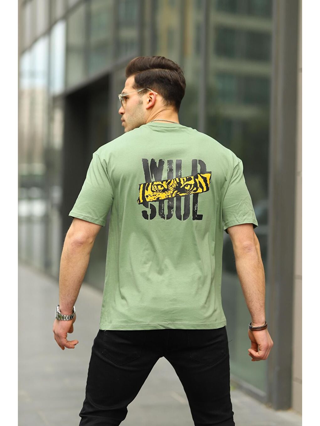 Haki Erkek Wild Soul Baskılı Oversize Tshirt-2
