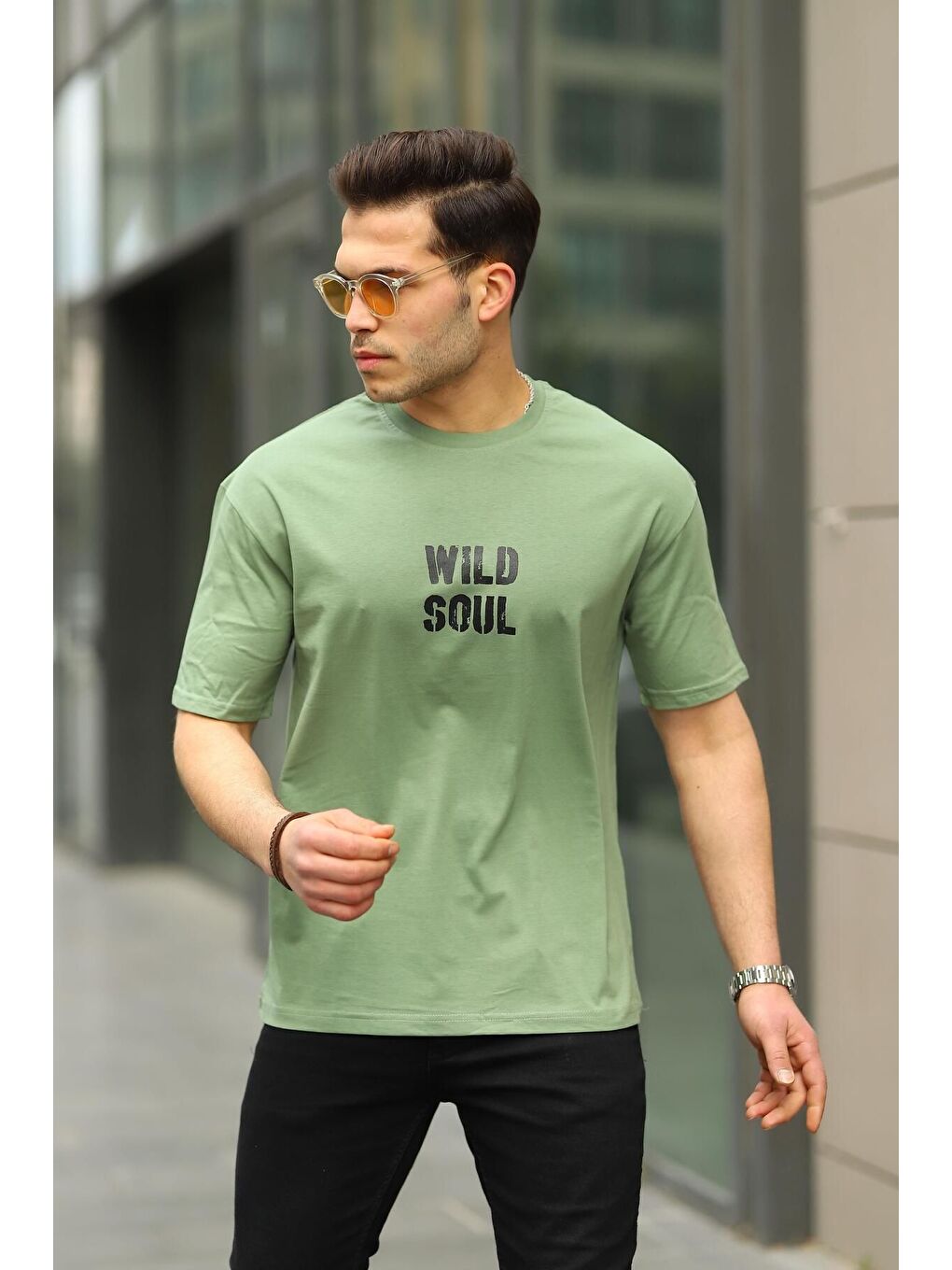 Haki Erkek Wild Soul Baskılı Oversize Tshirt-3