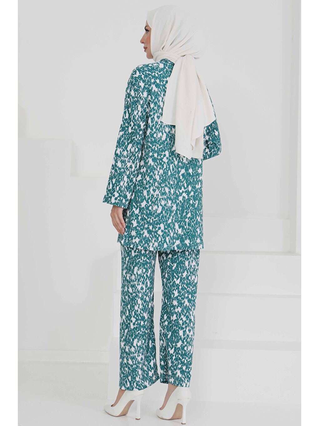 Yeşil Desenli Kimono Takım Zumrut - 27132-4