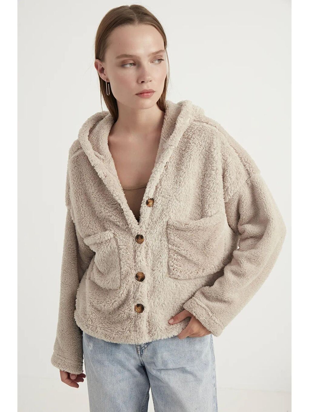 Ekru Kadın Krem Çift Cepli Kapüşonlu Pelüş Hırka