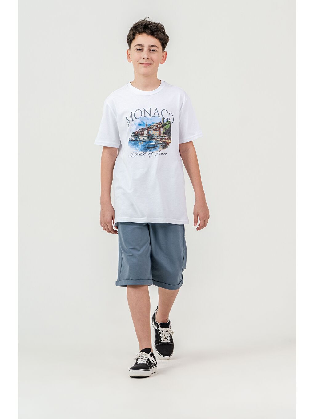 Gri Ön Orta Baskılı Duble Paçalı Erkek Çocuk Şort - Tişört Takımı