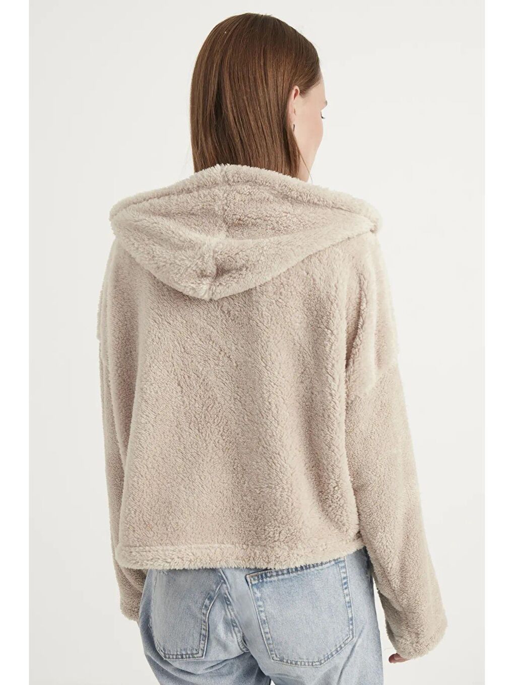 Ekru Kadın Krem Çift Cepli Kapüşonlu Pelüş Hırka-2