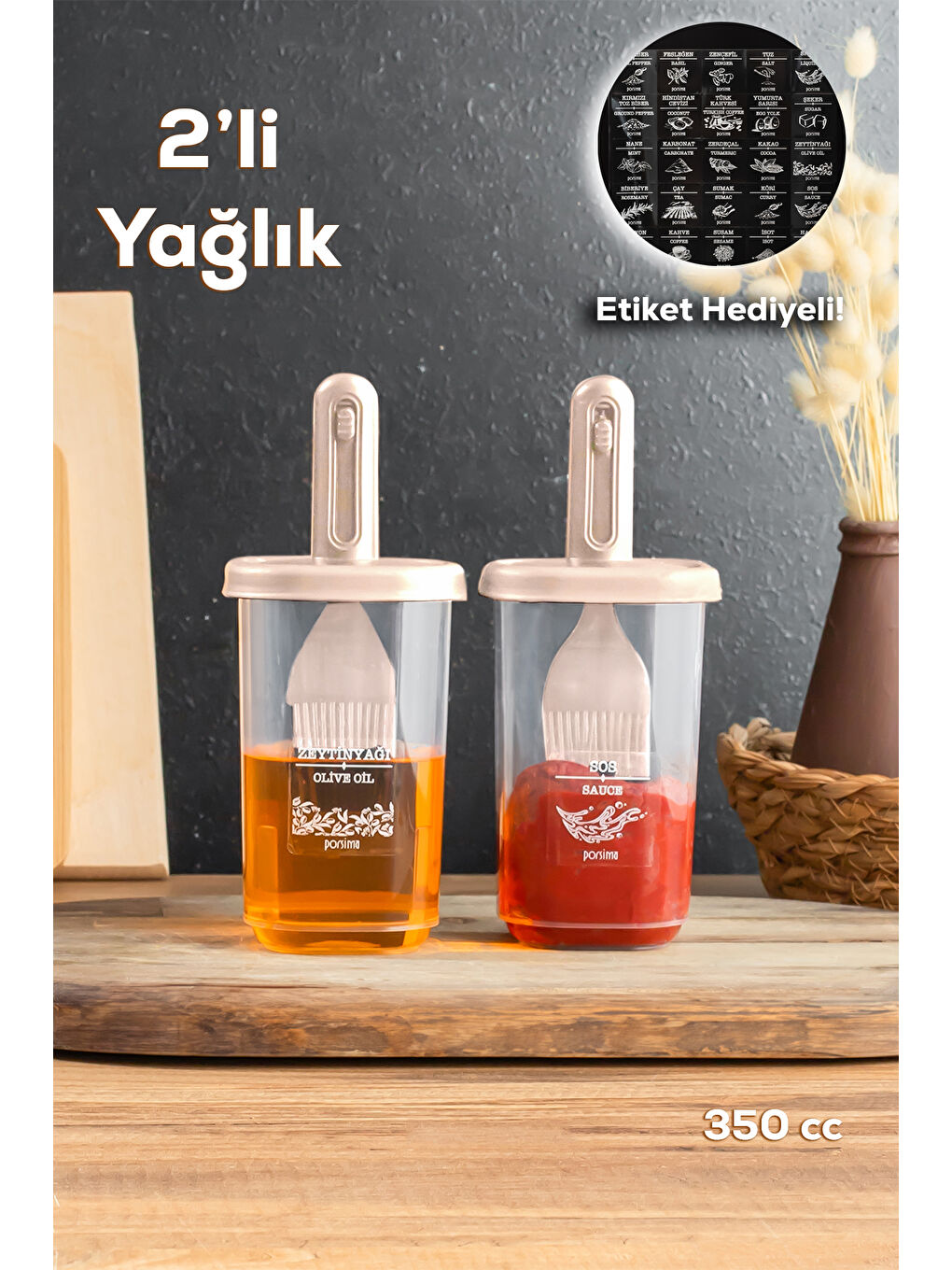 Porsima Krem 0520 2'li Etiketli Silikon Fırçalı Yağlık - Sosluk-Yağdanlık Erzak Saklama Kabı 350cc - KAPICINO - 3