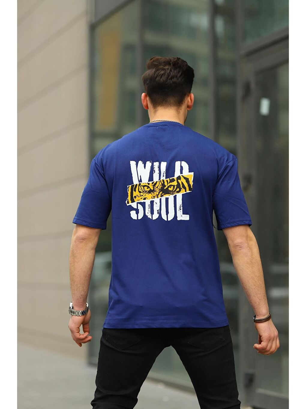 Lacivert Erkek Wild Soul Baskılı Oversize Tshirt-2