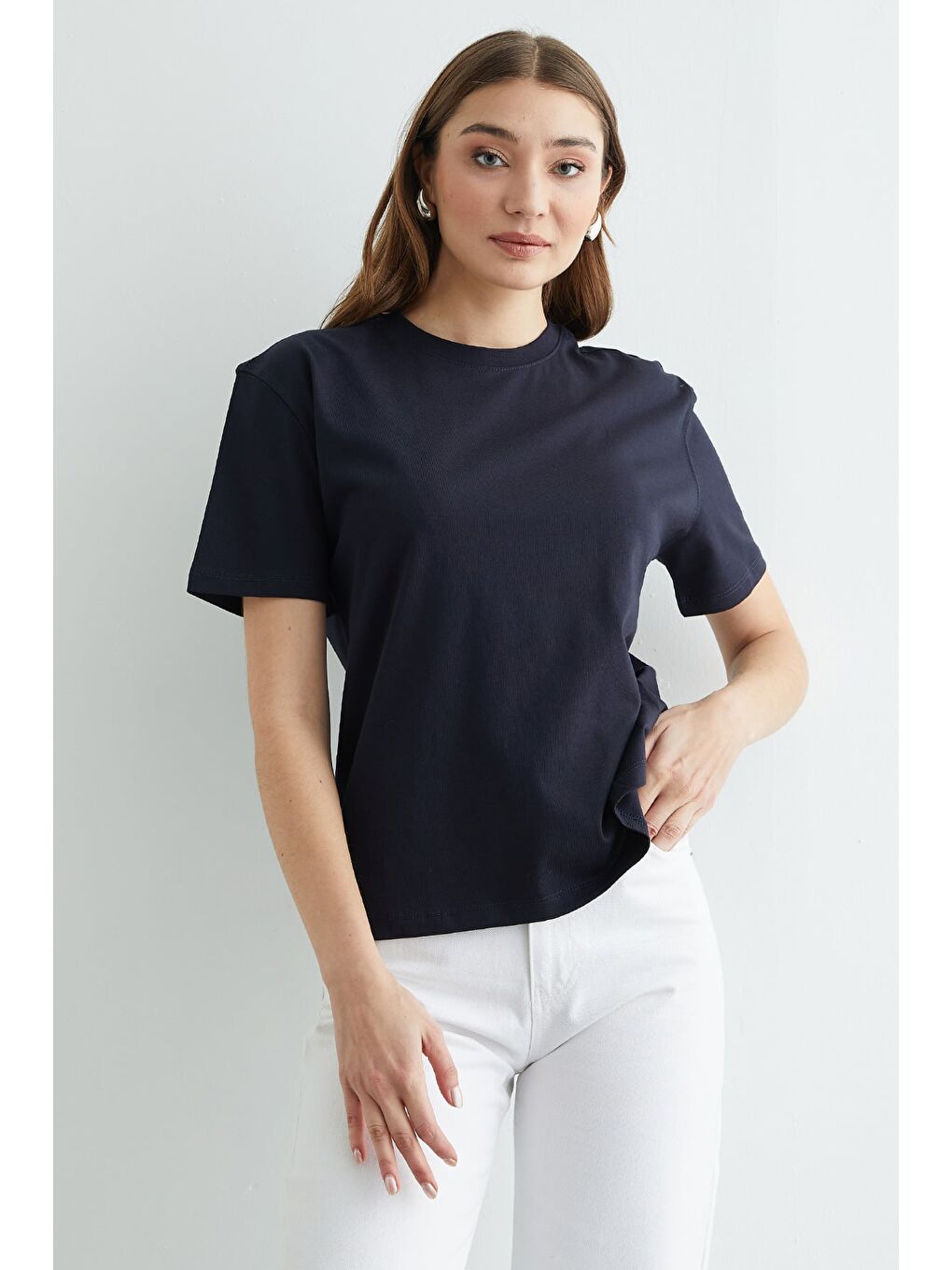 Lacivert Basic Bisiklet Yaka Tişört-4