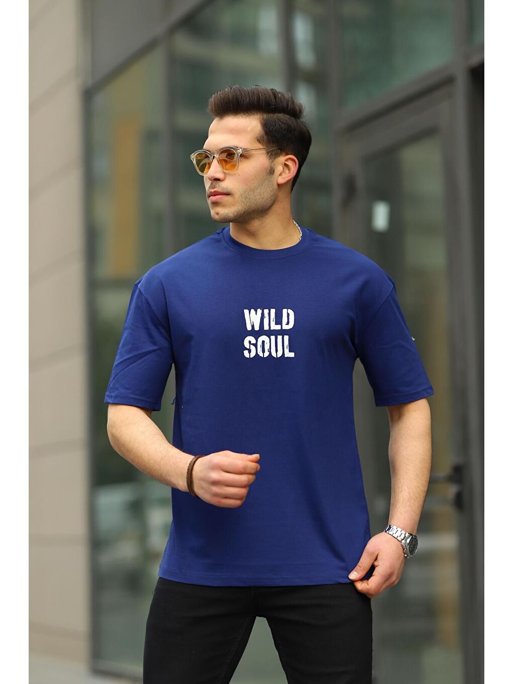 Lacivert Erkek Wild Soul Baskılı Oversize Tshirt-3