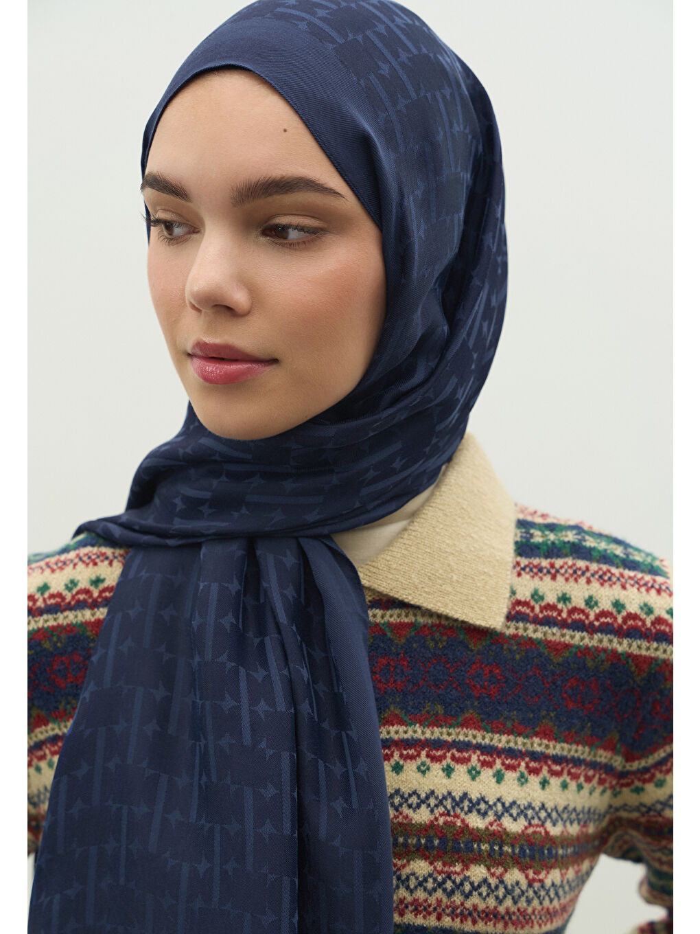 Mavi MONOGRAM PAMUK FLOŞ JAKARLI ŞAL GECE MAVİSİ-1