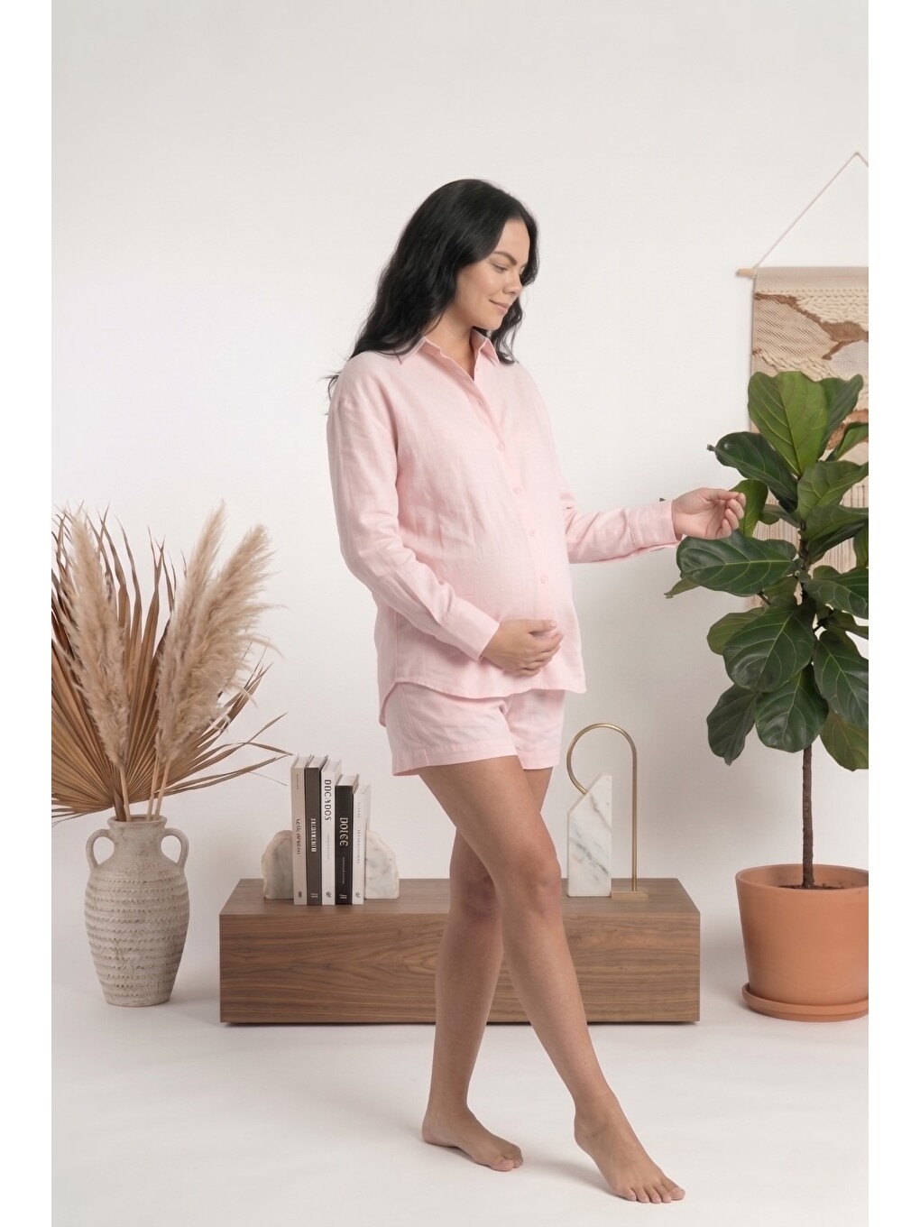 Pembe %100 Doğal Pamuk Rahat Kesim Hamile Ve Lohusa Poplin Gömlek