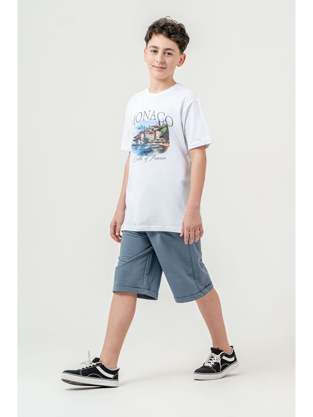 Gri Ön Orta Baskılı Duble Paçalı Erkek Çocuk Şort - Tişört Takımı-3