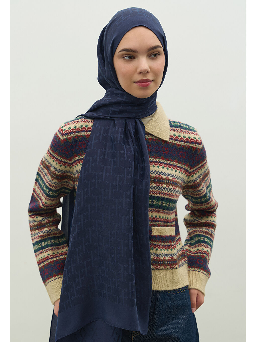 Mavi MONOGRAM PAMUK FLOŞ JAKARLI ŞAL GECE MAVİSİ-2