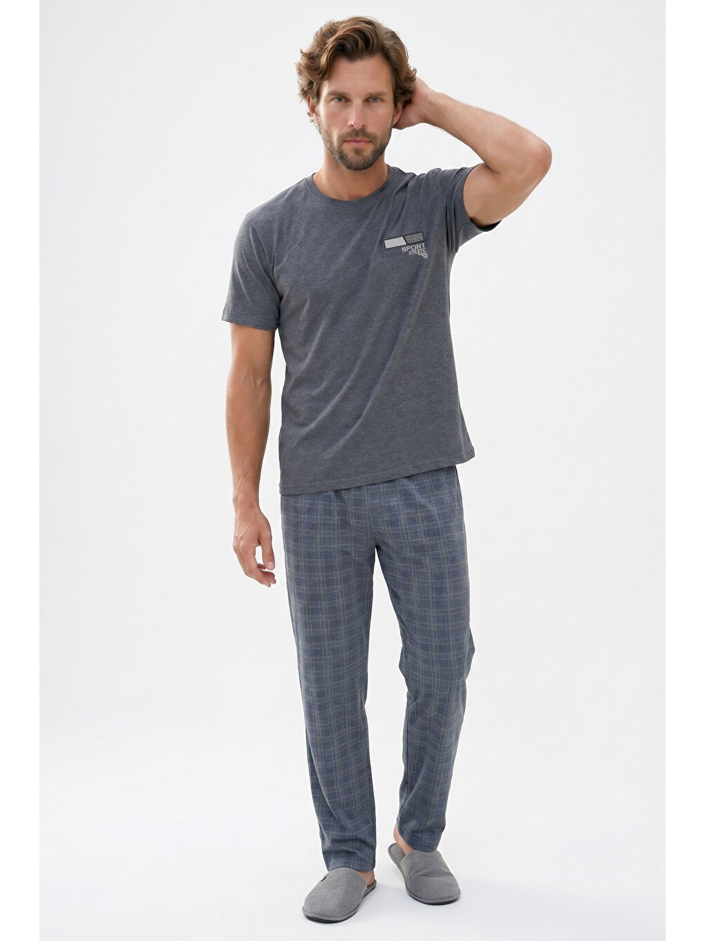 Erkek Standart Fit Normal Kesim Pamuklu Bisiklet Yaka Kısa Kollu Lastikli Gri Pijama Takımı