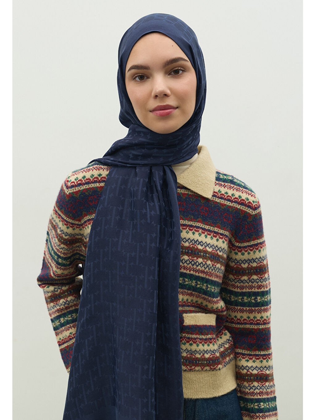 Mavi MONOGRAM PAMUK FLOŞ JAKARLI ŞAL GECE MAVİSİ-3