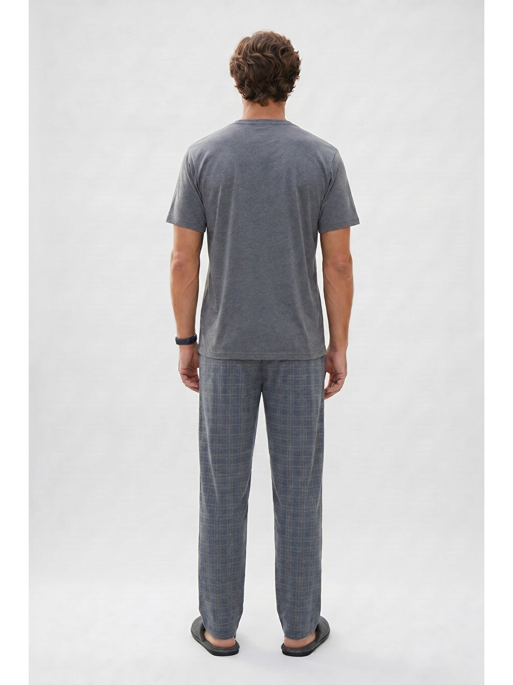 Erkek Standart Fit Normal Kesim Pamuklu Bisiklet Yaka Kısa Kollu Lastikli Gri Pijama Takımı-2