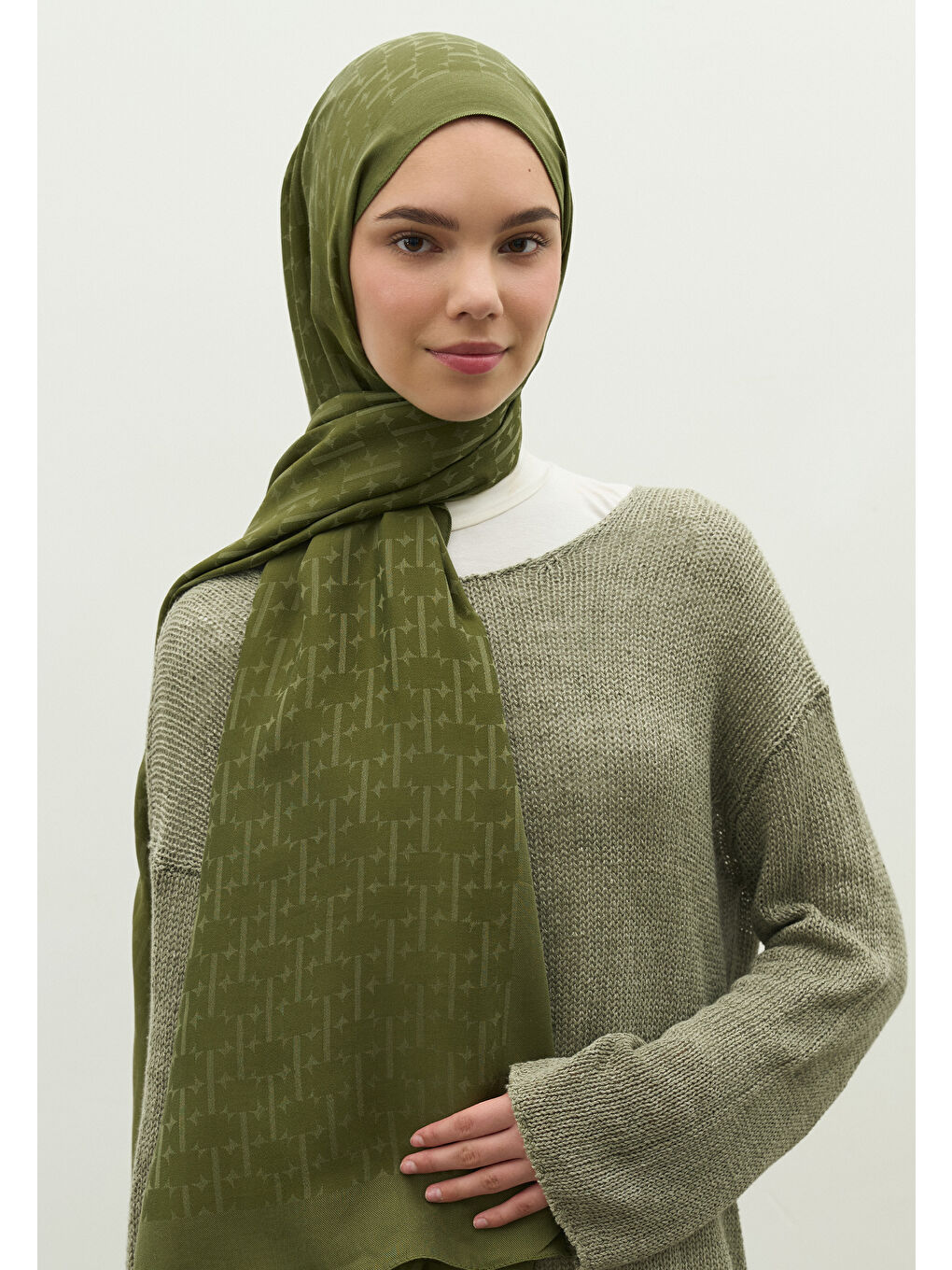 Haki MONOGRAM PAMUK FLOŞ JAKARLI ŞAL ASKERİ HAKİ-1