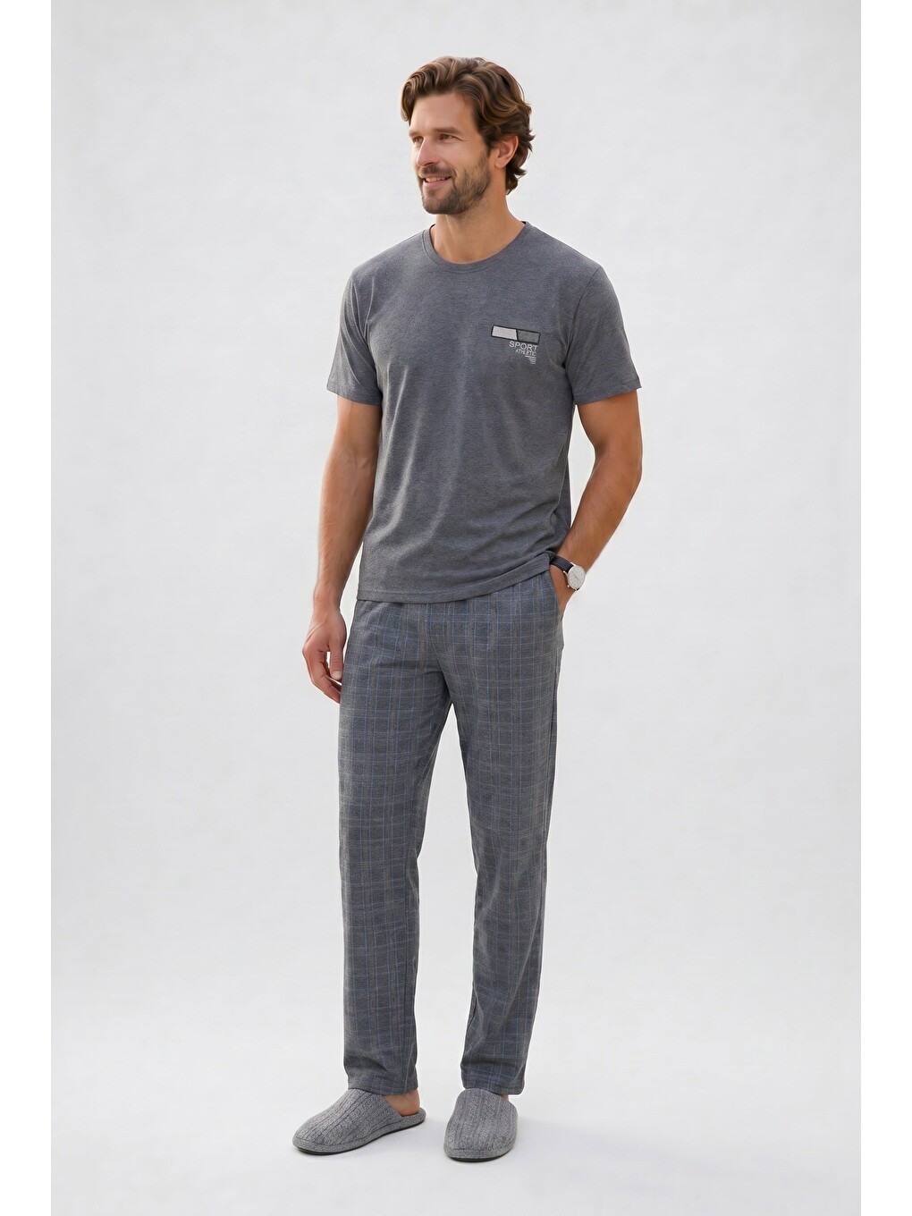 Erkek Standart Fit Normal Kesim Pamuklu Bisiklet Yaka Kısa Kollu Lastikli Gri Pijama Takımı-3