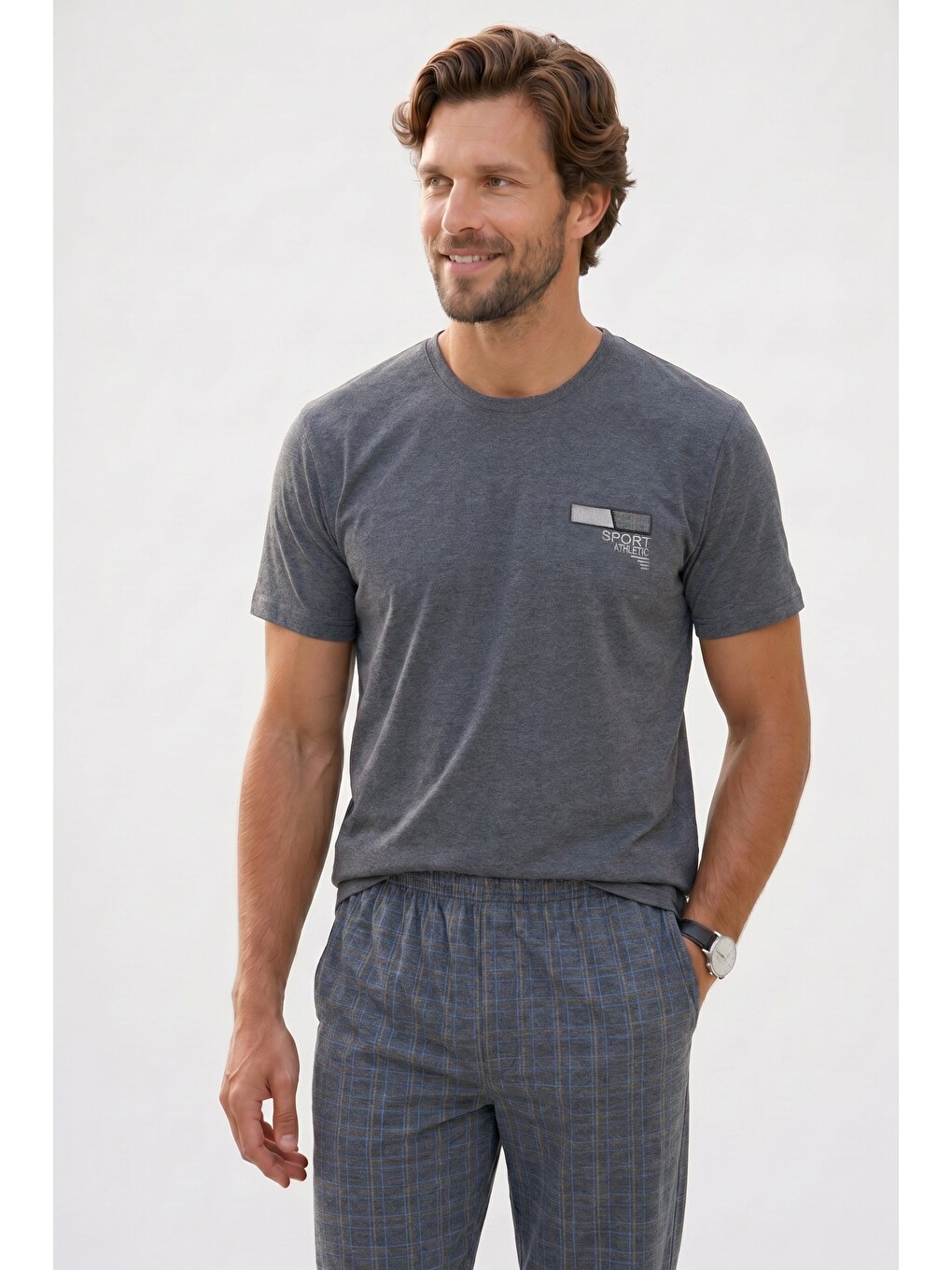 Erkek Standart Fit Normal Kesim Pamuklu Bisiklet Yaka Kısa Kollu Lastikli Gri Pijama Takımı-4