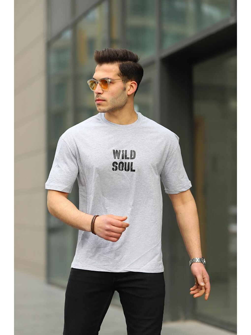 Gri Erkek Wild Soul Baskılı Oversize Tshirt-3