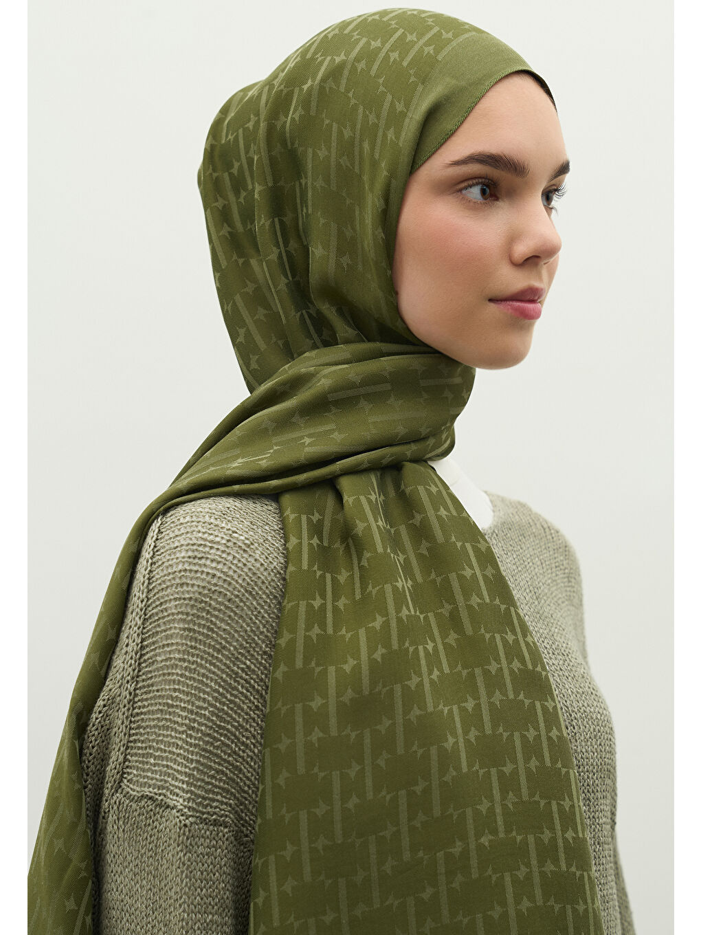 Haki MONOGRAM PAMUK FLOŞ JAKARLI ŞAL ASKERİ HAKİ-2