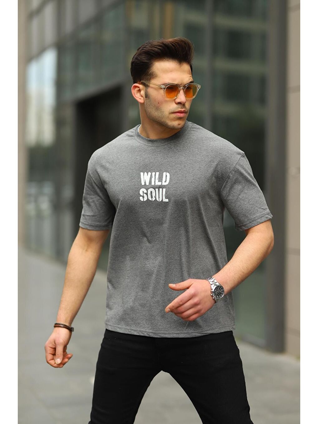 Gri Erkek Wild Soul Baskılı Oversize Tshirt