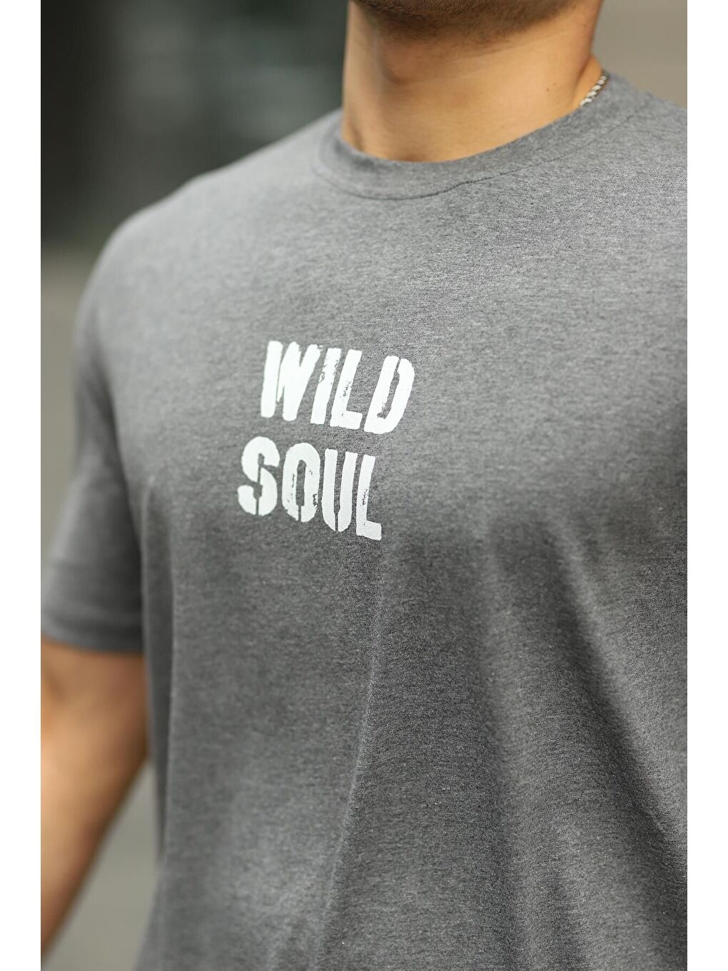 Gri Erkek Wild Soul Baskılı Oversize Tshirt-1