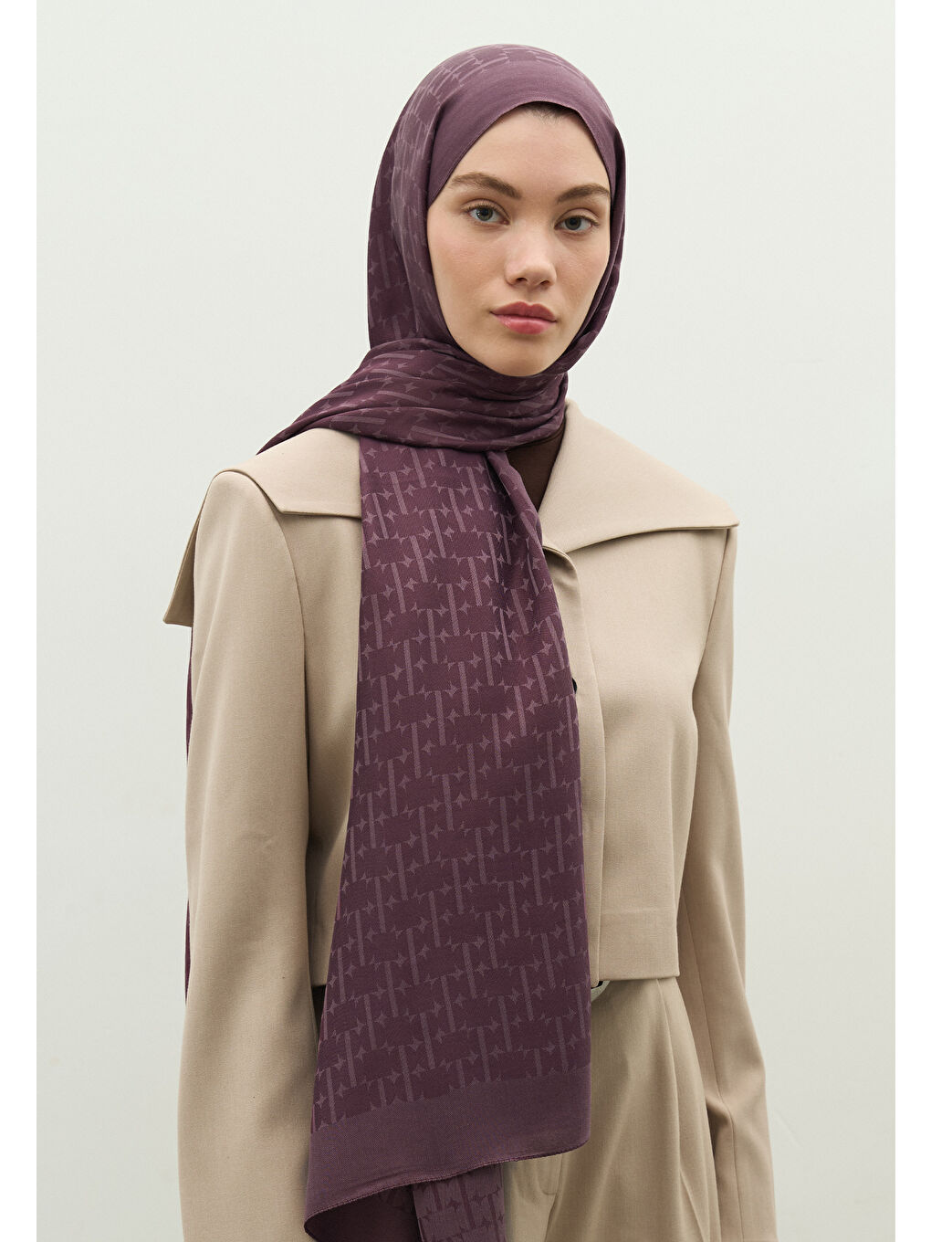 Mürdüm MONOGRAM PAMUK FLOŞ JAKARLI ŞAL MÜRDÜM-1