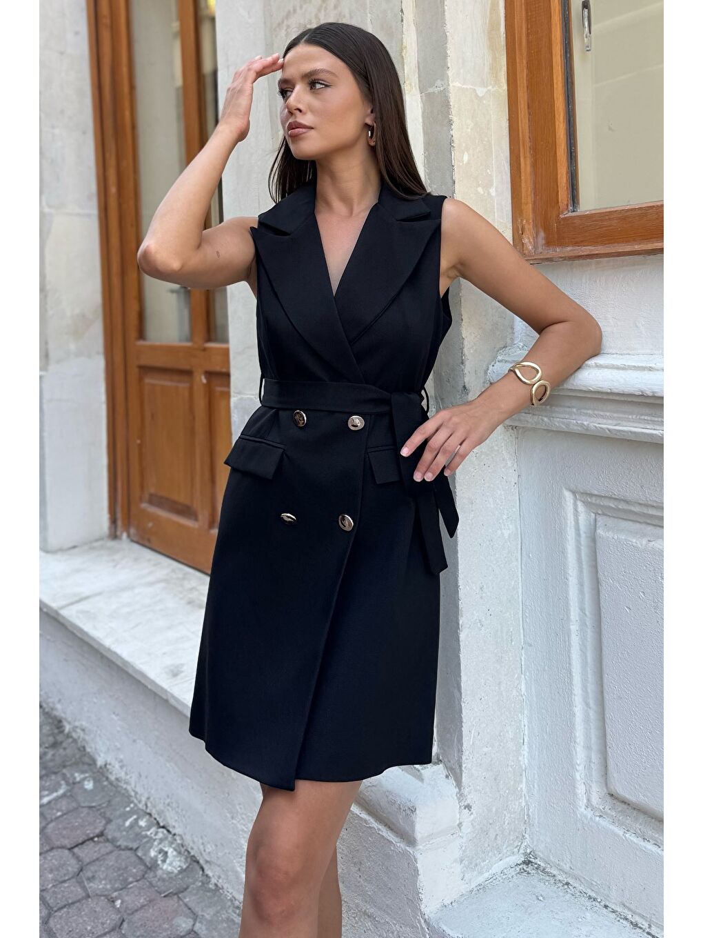 Siyah Kadın Kruvaze Yaka Gold Düğme Detaylı Elbise-1