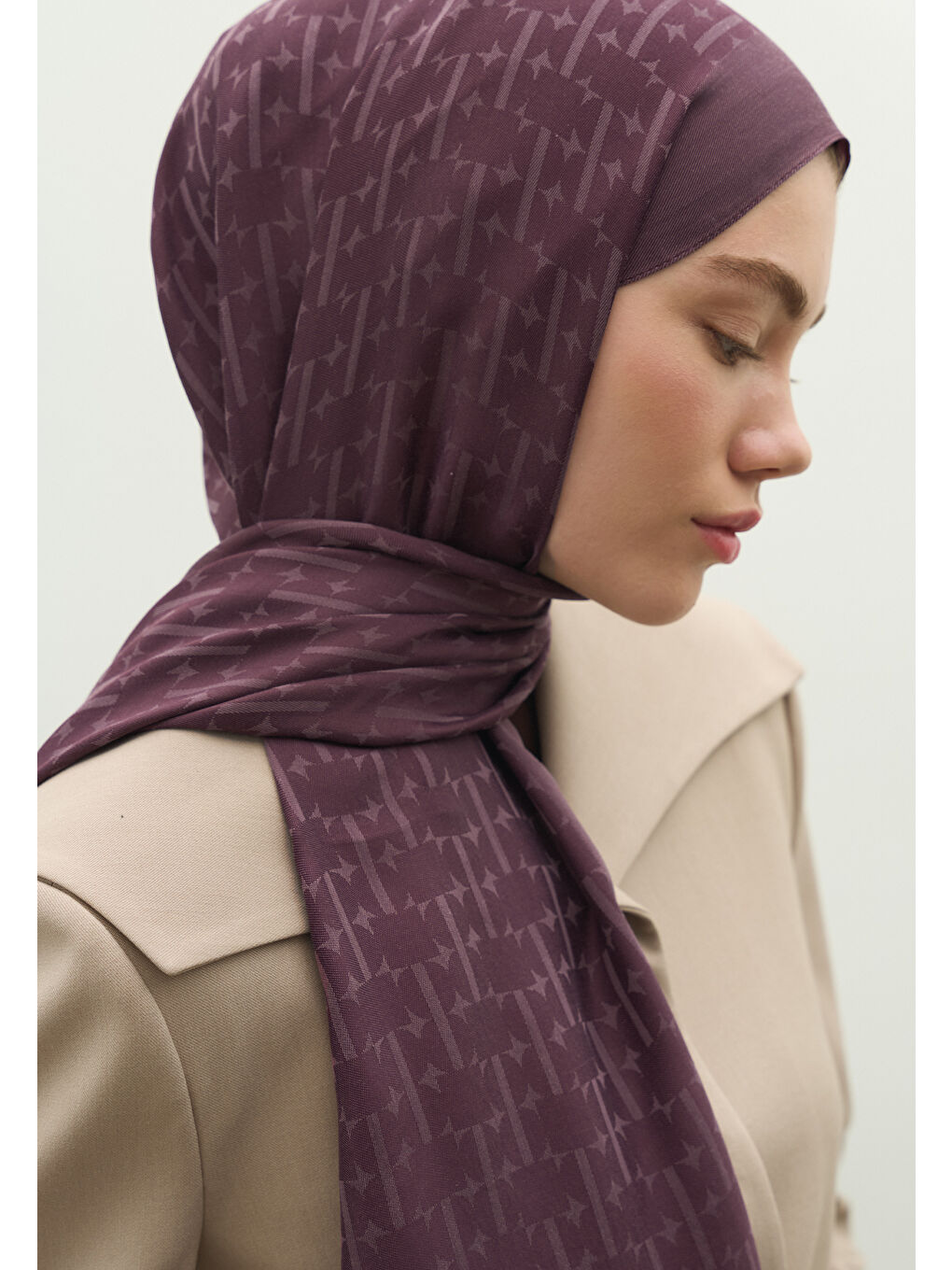 Mürdüm MONOGRAM PAMUK FLOŞ JAKARLI ŞAL MÜRDÜM-2