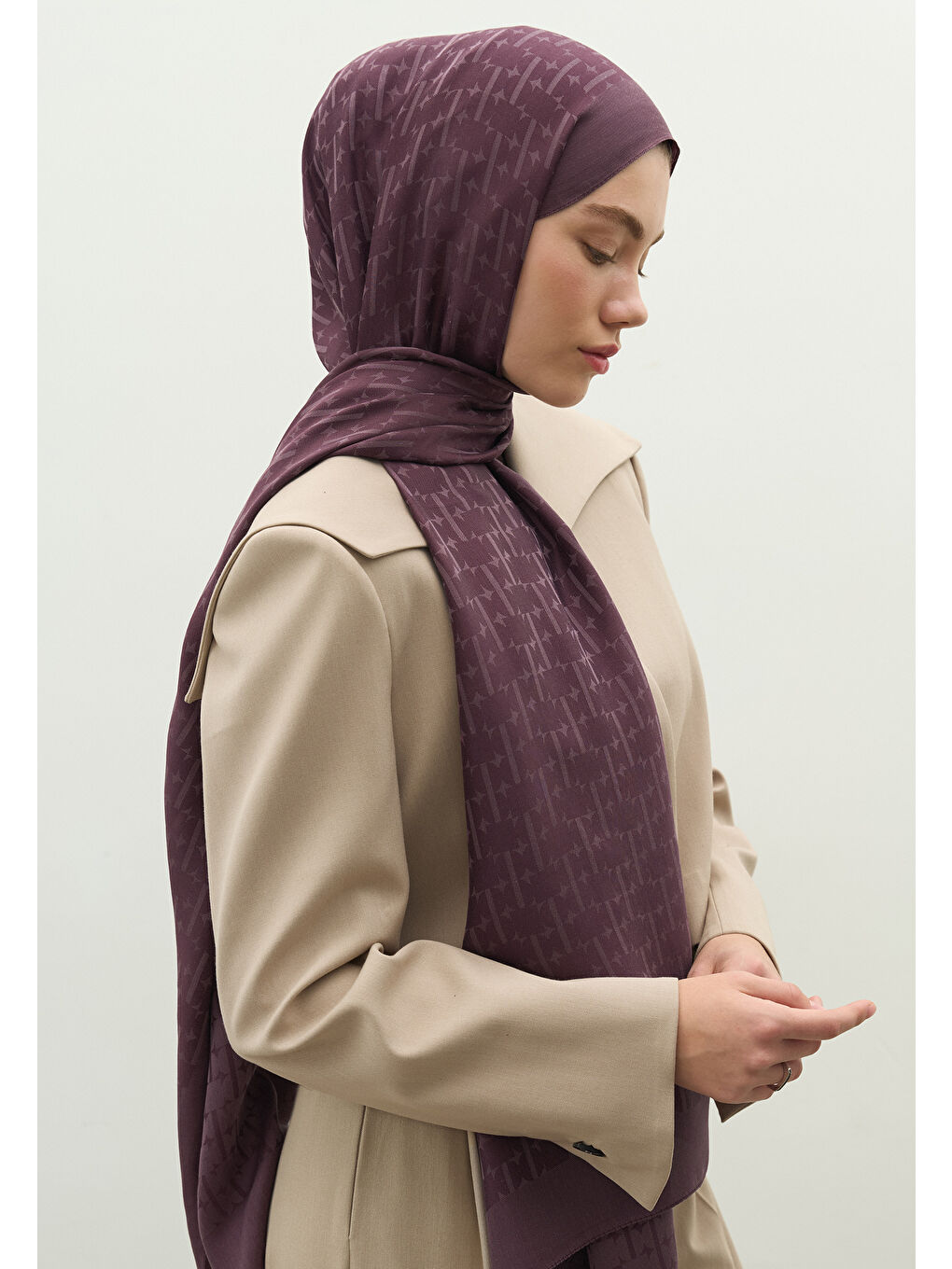 Mürdüm MONOGRAM PAMUK FLOŞ JAKARLI ŞAL MÜRDÜM-3