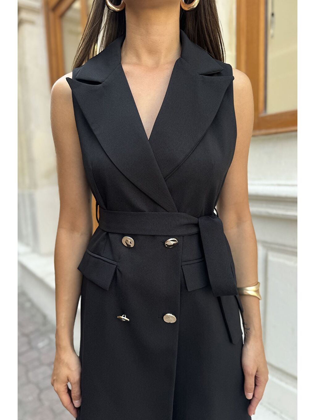 Siyah Kadın Kruvaze Yaka Gold Düğme Detaylı Elbise-3