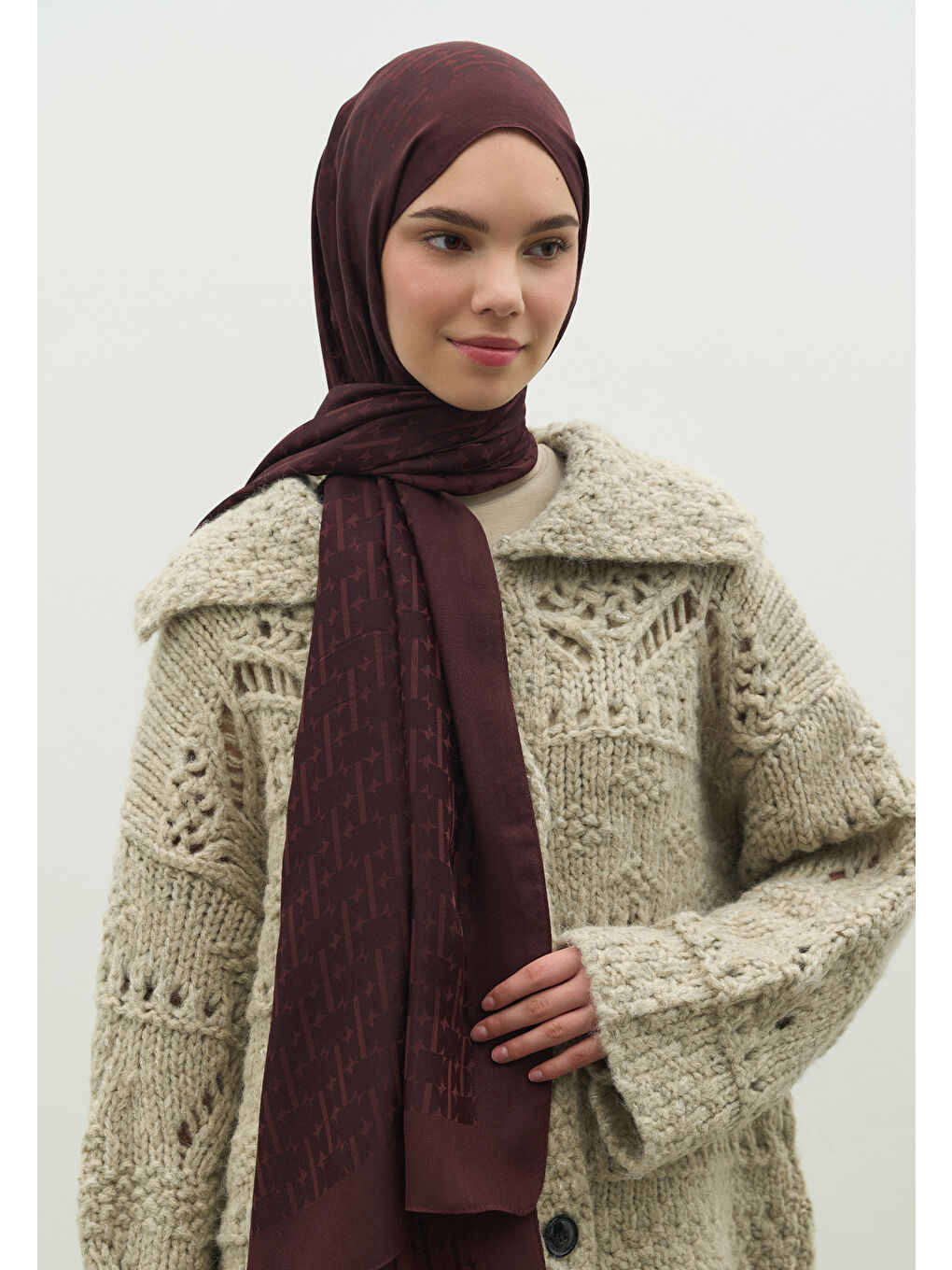 Kahverengi MONOGRAM PAMUK FLOŞ JAKARLI ŞAL KIZIL KAHVE