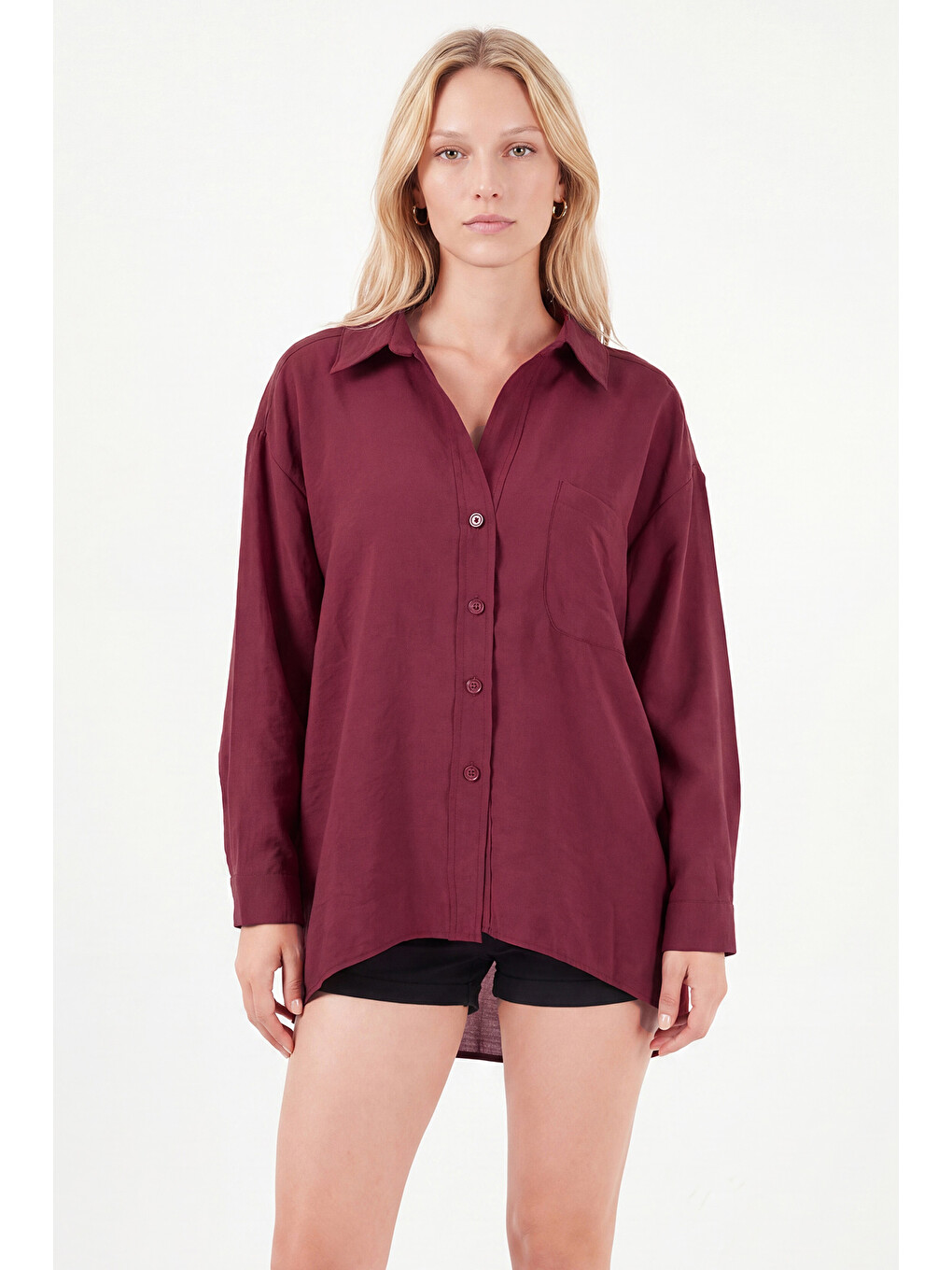 Bordo Modal Oversize Fit Uzun Kollu Kadın Gömlek 6834612-1