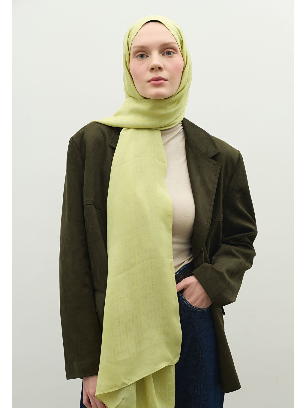 Yeşil MONOGRAM PAMUK FLOŞ JAKARLI ŞAL ADAÇAYI-2