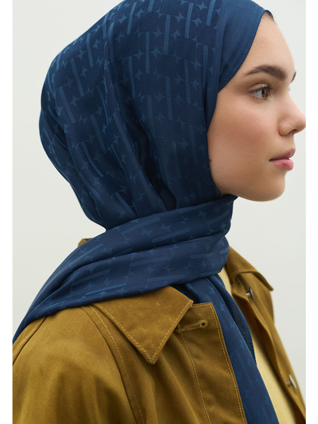 İndigo MONOGRAM PAMUK FLOŞ JAKARLI ŞAL İNDİGO-1