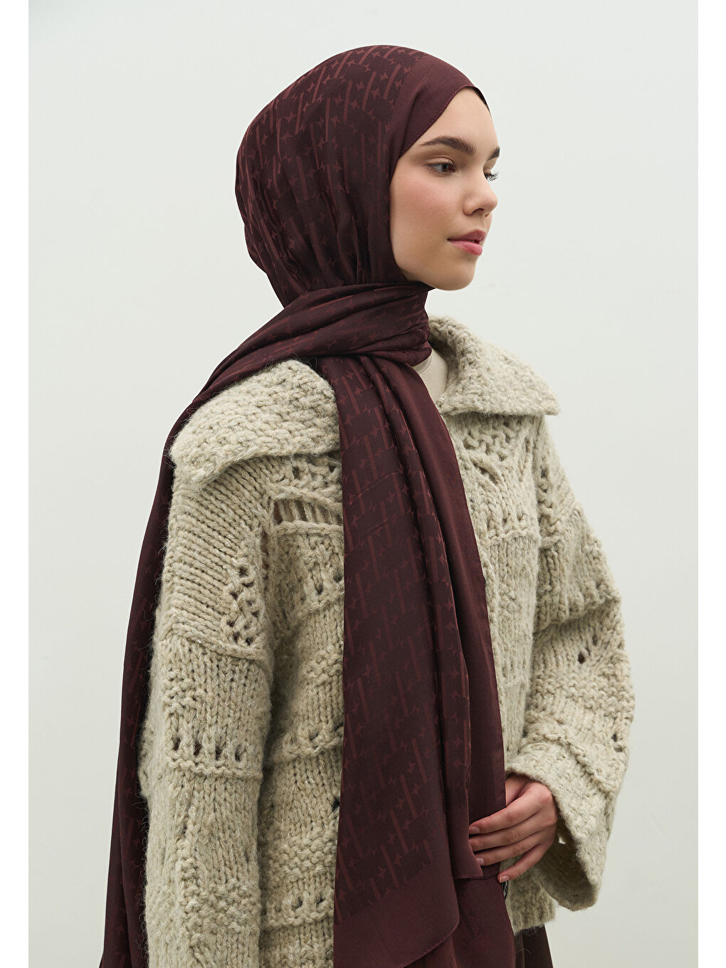 Kahverengi MONOGRAM PAMUK FLOŞ JAKARLI ŞAL KIZIL KAHVE-1