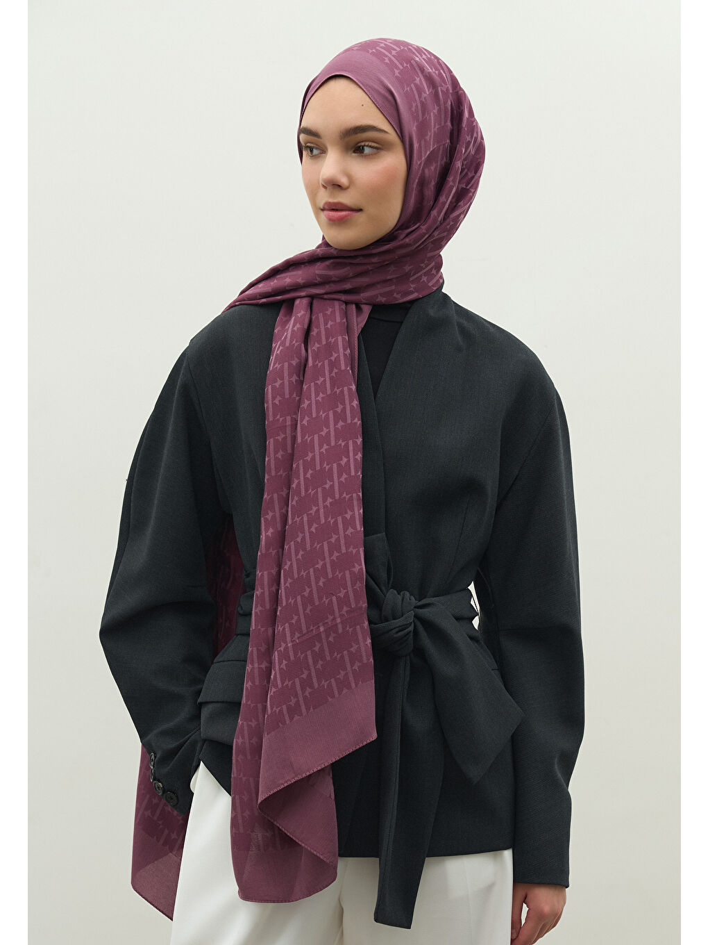 Lila MONOGRAM PAMUK FLOŞ JAKARLI ŞAL ŞAKAYIK